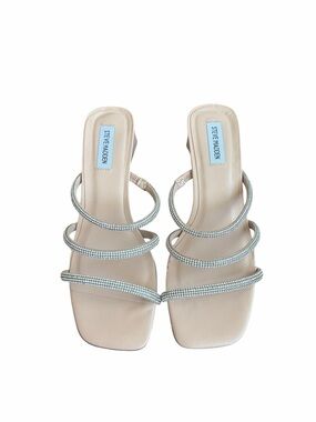 Steve Madden Libbie Nude Rhinestone Triple-Strap Heeled Mules Sz 8